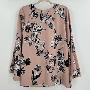 Halogen Dusty Rose Floral Bell Flare Sleeves Black Bow Tie Back Size 1X Petite